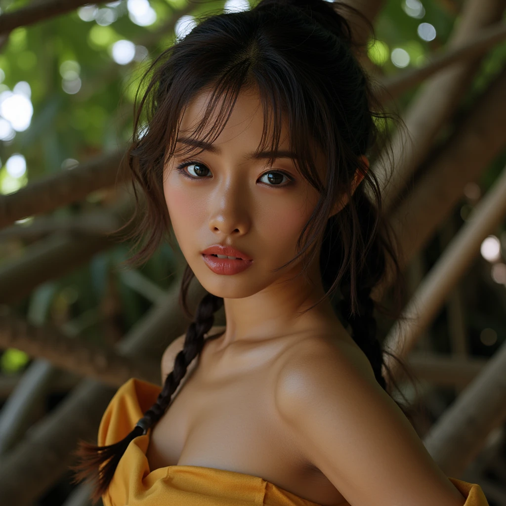 (highest quality:1.1)、(Photoreal:1.1)、(photograph:1.1)、(very detailed:1.1)、viewer、bangle、jade bracelet、jade earrings、Iracidium chest、beautiful detailed girl、(very detailed目と顔)、(shine light on the face)、jade necklace、slingshot swimwear、(alone:1.2)、(along the coast、Palm tree)、(Skin shining in the light of the setting sun)、See-through、NSFW、light brown eyes、(((Hair fluttering in the strong wind)))、((Anatomically perfectly balanced style))、cute pose、12 years old, junior high school girl、(((shortcut:1.3))),(Beautiful dark-skinned Japan woman:1.2)、(Editorial about a beautiful 12-year-old half-Filipino woman.),(((big breasts:1.2))),(((whole body:1.2))