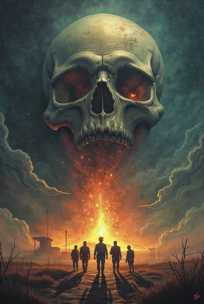 8k, UHD, HDR, intricate details, Photo, a man talk to each other over a pile of corpses,The image depicts a group of rock star with various powers and abilities, standing together in front of a fiery background, Appendix architecture made of skeletons., Fancy, intricate, elegant, Very detailed, centered, symmetry, chart, intricate, volumetric lighting, beautiful, masterpiece of rich deep colors, sharp focus, ultra detailed, In the style of Dan Mumford and Marc Simonetti, astroPhotografía 