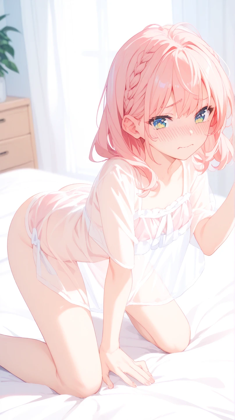 18 years old girls,tmasterpiece,Shy face,Bob Head,Light pink shirt,No bra,did not wear panties,The lower body is naked,Bare legged,Barefoot,sit on a bed,Snow-whiteskin,overcast day,with pink hair,a pink eyes,thick thight,wallpaper,nsfw