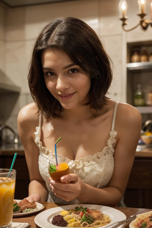 young france woman, brown short hair, blue eyes, 28 years old, yoga lover, drinking smoothie, wearing white dress