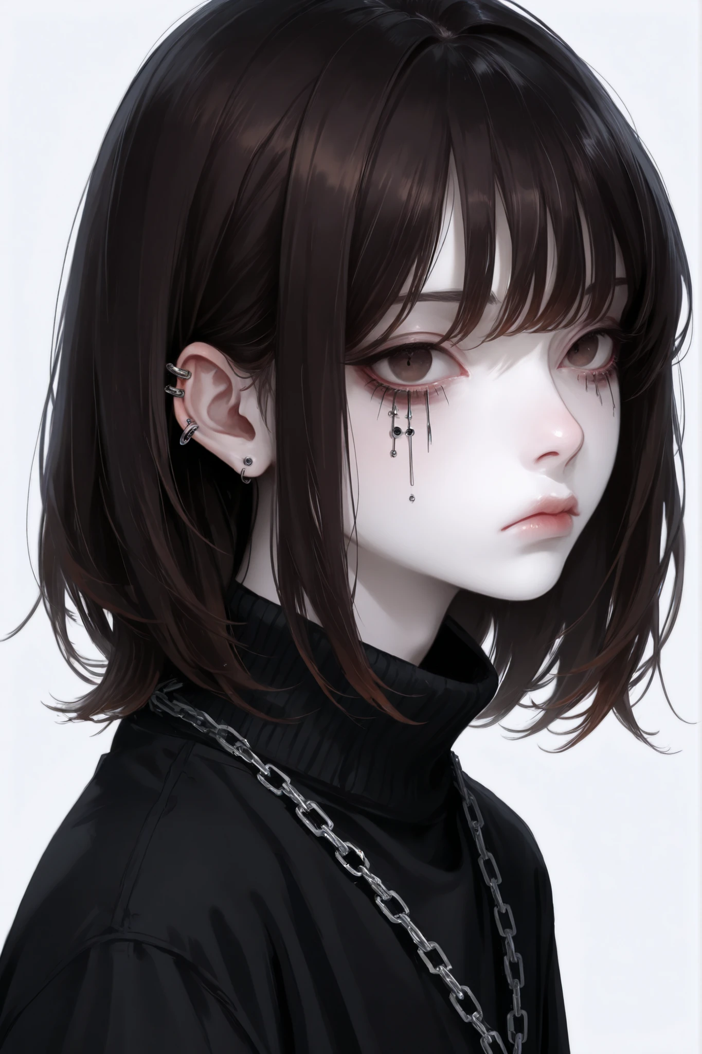 A delicate and androgynous young man with pale skin, sharp jawline, and slightly wavy, layered dark brown hair with a natural, subtle shine. His hair is parted loosely at the center, softly framing his face. His facial features are fine and defined, with slender, slightly elongated eyes that have a cold, piercing gaze. His expression is cool, detached, and faintly melancholic, with lips slightly pressed. He wears a fitted dark turtleneck and a minimalistic silver chain necklace, with a simple background of concrete texture in soft, diffused lighting. The overall style mix modern K-fashion and a fragile, mysterious allure.