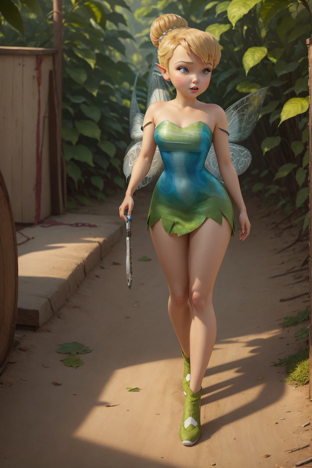 scene details, UHD, of one ((very young young woman +18)) on the street, walking backwards, wears a tight calf-length floral dress , short green hair, ((green skin)), green eyes, (((great ass))) (((round ass))) ((short stature))