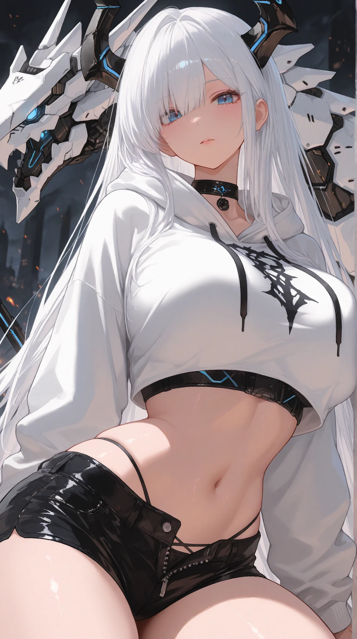masterpiece,best quality,high resolution,8K，Focus on the thighs and above,original photo,Digital Photography,(Sci-fi style women),20 year old girl,Long ponytail hairstyle,By Bangs,(Purple Eyes),(White hair),Full breasts,Felling,Elegance and nobility,Serious and indifferent,Open white coat,(Black Camisole),Rich details,shut your mouth,Show your belly button,Exquisite decoration,Cyberpunk future style,(Female Scholar),Photo poses,White background,oc render reflection texture