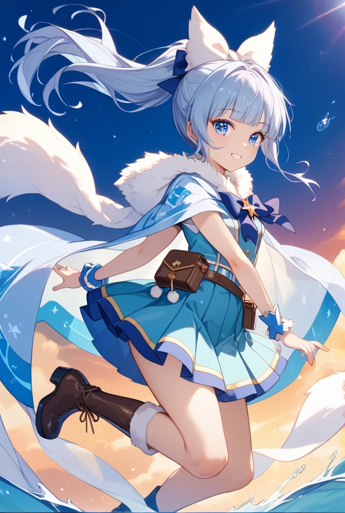 Aspen has slightly tanned skin with big blue eyes and orange lips. Her curled, waist-length hair is platinum with several thin braids and silver glittery strands through it. Her bangs are mostly brushed to the left. She wears a fluffy pearl blue bunny hat with white inner-ear and one ear top slightly bent over.
Her undergarment consists of a crystal blue top and panties with white snowflake designs. Over this, she wears a light blue knit one-piece with long sleeves and a thick white band around the bottom half. At the middle are white bunny ears with light blue inner-ear. She also wears light blue boots with a white platform sole, fluffy cuff, shoelaces with pom-pom, and a fluffy tail on the back. Her white stockings have a bunny face drawn at the middle with tiny ears sticking up. SPARKLE; GLITTER