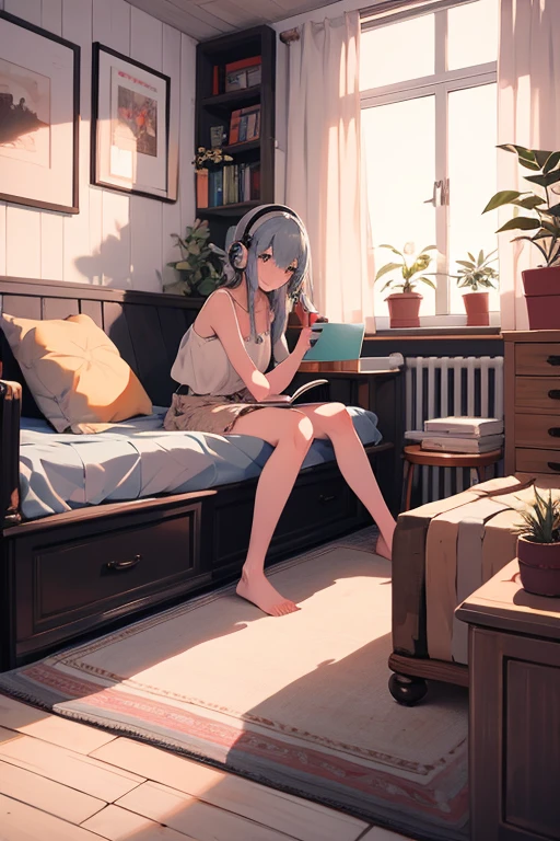 elf girl with white hair, sitting on chair facing table inside a room, playing phone, wearing headphone, sitting beside window and raining outside.