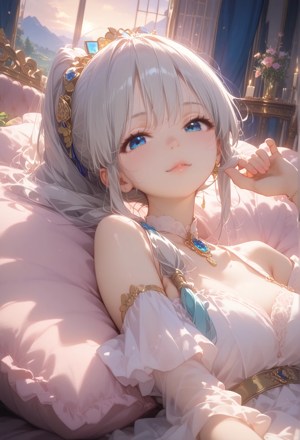 white hair demon girl, small girl, one girl, maid dress, gold crown on her head, face on camera, tight shirt, show large chest, dark isekai, shy girl, pitiful face, face forward to camera, asking pose, pink cheeks, half body, body on iron chain, smile, blue eyes, no nails, pink blushes, lying on grass, very big breast, cleavage, sweat breast, leg_up, anime style 4 k, extremely detailed artgerm, demon anime girl, shiny skin, sweat, sweat body, neck collar iron chain, make sure wearing pants, crown