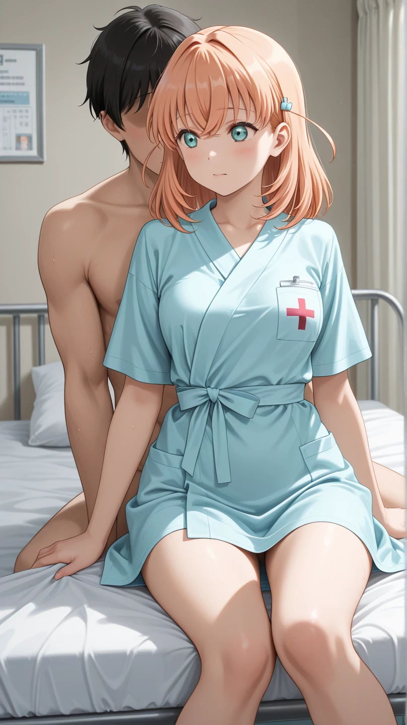 Maki nishikino,love live,highres,red hair , purple eyes,blush ,bare legs ,barefoot,bed ,cleavage ,collarbone ,doctor , licking lips,infirmary ,lab coat ,leaning forward , girl on top,pov,on bed ,pencil skirt , cowgirl position , sitting on top