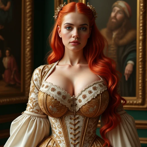 ultra realistic, photography, long red hair, girl, 24 years old, hourglass figure, perfect body, Flirty look, extremely detailed artgerm, in the style artgerm, facing the camera, lens 35 mm, blur background, at a medieval costume party, wearing a renaissance outfit