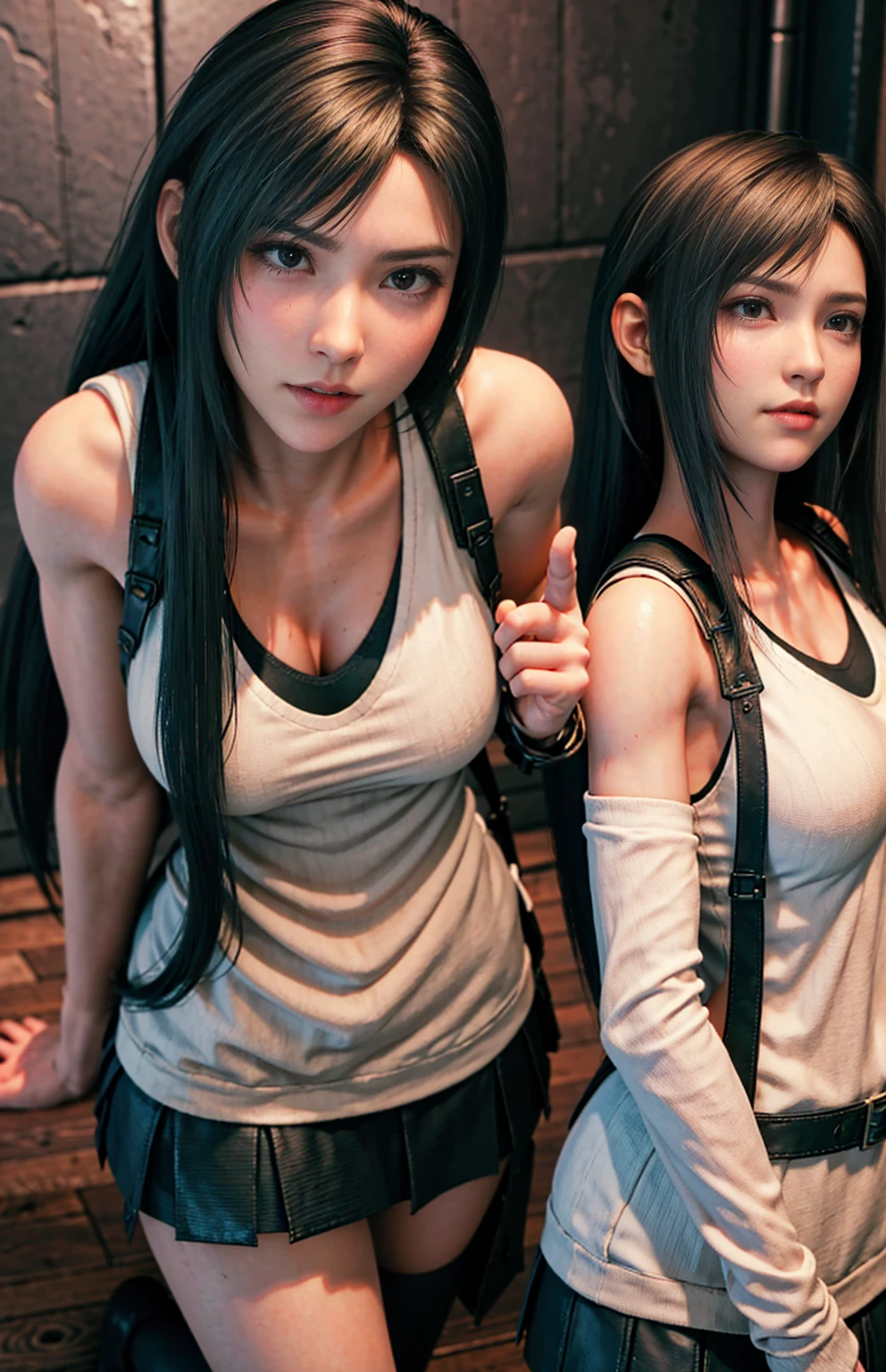 Close-up: Two busty college girls are playing together in anime cosplay at a cosplay event. Moist eyes