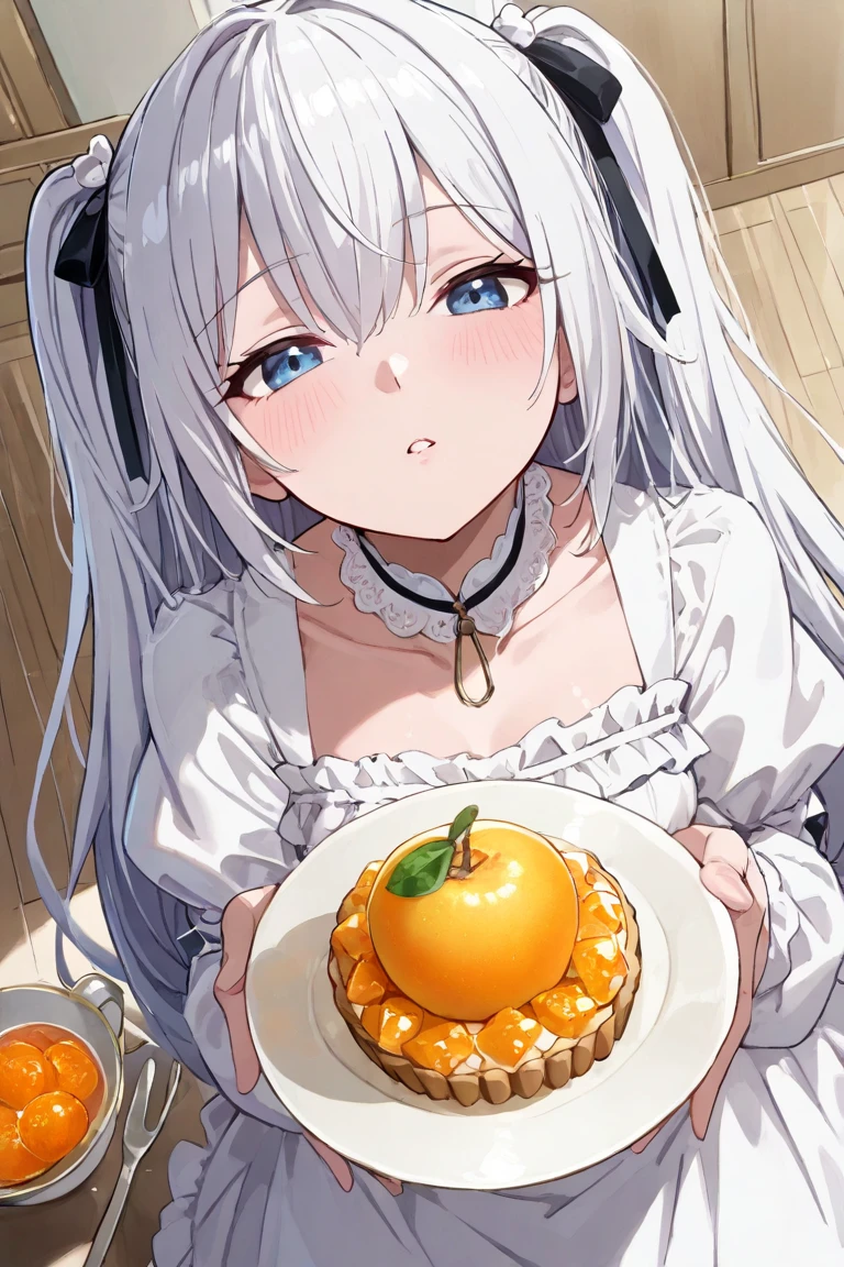 One girl, Shana, headpat, Ahoge, blush, bow, bread, brown bow, Brown eyes, brown Sailor collar, brown shirt, Mouth closed, Flat Chest, food, food in mouth, Hair between the eyes, Holding, Holding food, Very long hair, Long sleeve, View your viewers, melon bread, nose blush, Redhead, Sailor collar, , Seraphim, shirt, alone, Upper Body, V-shaped eyebrows, Glowing Eyes, Shiny Hair, Particles of light, night, Outdoor, Absurd, High resolution, masterpiece, Highest quality, MIDD,