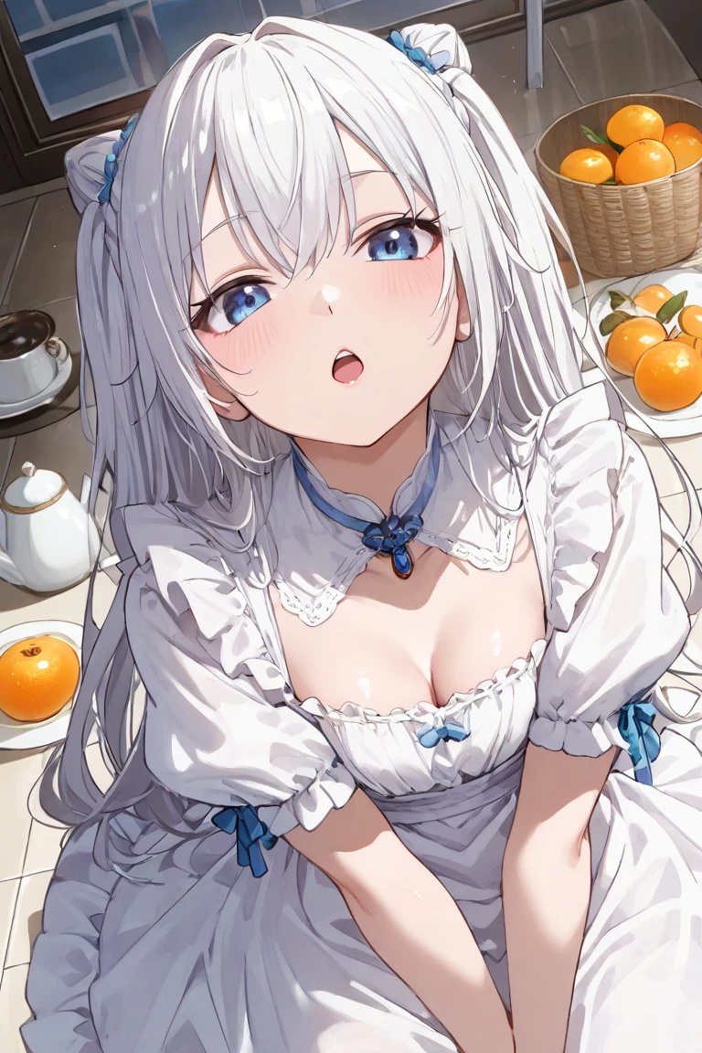 female, white and fluffy fox ears, white and fluffy fox tail, attractive, white maid outfit, white thigh highs, dark and scary walls in the back, sitting on big and dark but comfy bed, holding a bowl of warm soup, motherly smile, 33 years old