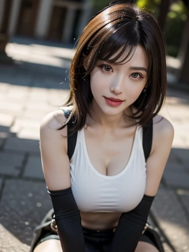 (8K, RAW Photos, Highest quality, masterpiece:1.2), (Realistic, photo-Realistic:1.4), (Highly detailed 8K wallpapers), ((Full Body Shot)), (1 girl), Sharp focus, Depth of written boundary, Cinematic lighting, Soft Light, 緻密な美しさのeye, eye_Chan, Very beautiful 17 year old girl, innocent big eyes, Realistic, photo Realistic, Highly detailed cute girl, (Thin thighs), (Model Body Type), 18-year-old, (White and grey camouflage sports tank top), (Black Micro Mini Pleated Skirt), (((Fold your arms in front of your chest and act arrogantly))), ((A happy smile)), Parted lips, Watching the audience, (On the streets of Tokyo), (Brown Hair),(Short Bob Hair), (Asymmetrical bangs)