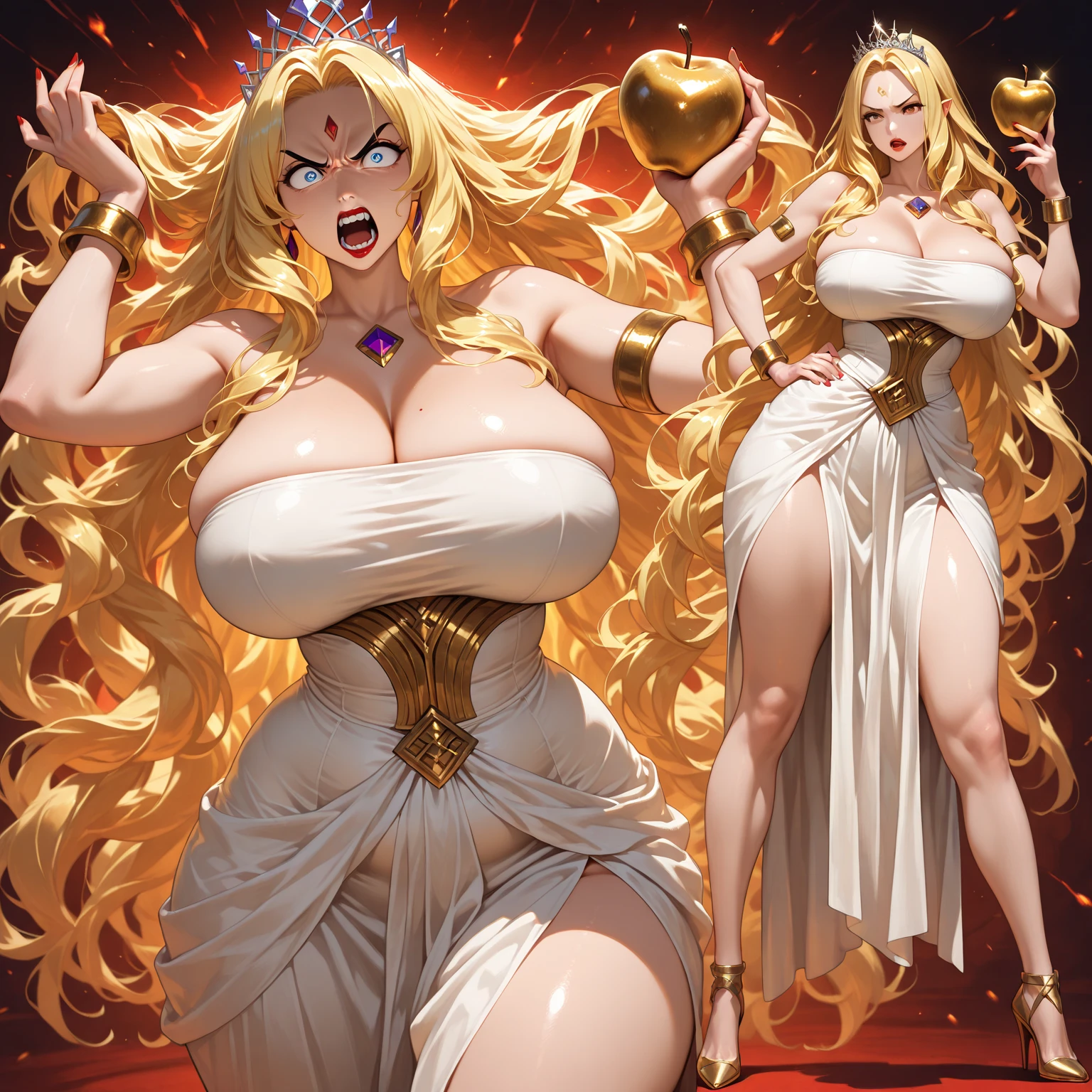 ((she-ra aesthetic)), ((full body view:1.4)), ((masterpiece)),(((best quality))), ((mature face)), defined cheekbones, high cheekbones, illustration, ((muscular:1.3)), ((gold:1.4)), sexy bimbo, (gigantic breasts:1.7) , blonde hair, ((detailed face:1.4)) beautiful woman, (Egyptian:1.4), colored skin, (white skin:1.4) , (red lipstick:1.4), shiny skin, ((skindentation)), scribbles and marks,(puffy lips:1.4) ,  (temple: 1.5), ( at night: 1.5), rough sketches, pose, 8k,16k, ( background, white background: 1.3) ((warm color palette)), ((ancient aesthetic))