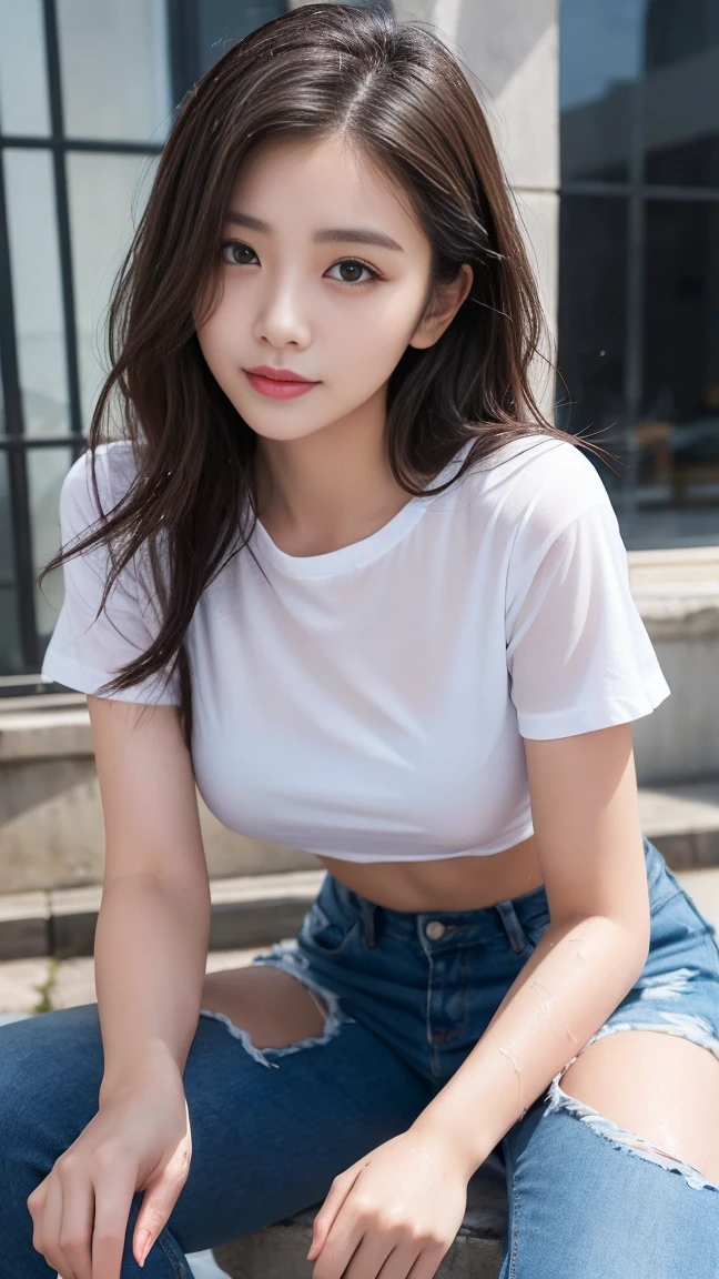 8k, artwork, Highest quality, Realistic, Very detailed, 1 girl, Realistic skin texture, ((垂れDownがった大きな胸:1.4)), (Loose white t-shirt),Down着無し、I can see my belly button、sexy, Her erect nipples are visible through the, Down , Micro Mini Slit Skirt, , Cinema Lighting, Face Focus, Narrow eyes, Facial details, Bright Face, Light of the sun, Outdoor cafe in the background, Low angle shot, Downからの眺め
#Create a great background for your scene. The woman is posing confidently, Exudes elegance and dignity. Add a playful touch to a sophisticated look. The rooftops are shining with the warm city lights, The presence of bright neon lights dotting the horizon、The atmosphere increases。.。. 画像はHighest qualityです, シャープなフォーカスとVery detailedな機能, Capturing every nuance of a woman'Facial expressions and surroundings. The overall effect is realistic and immersive, HDR rendering enhances rich colors and textures.