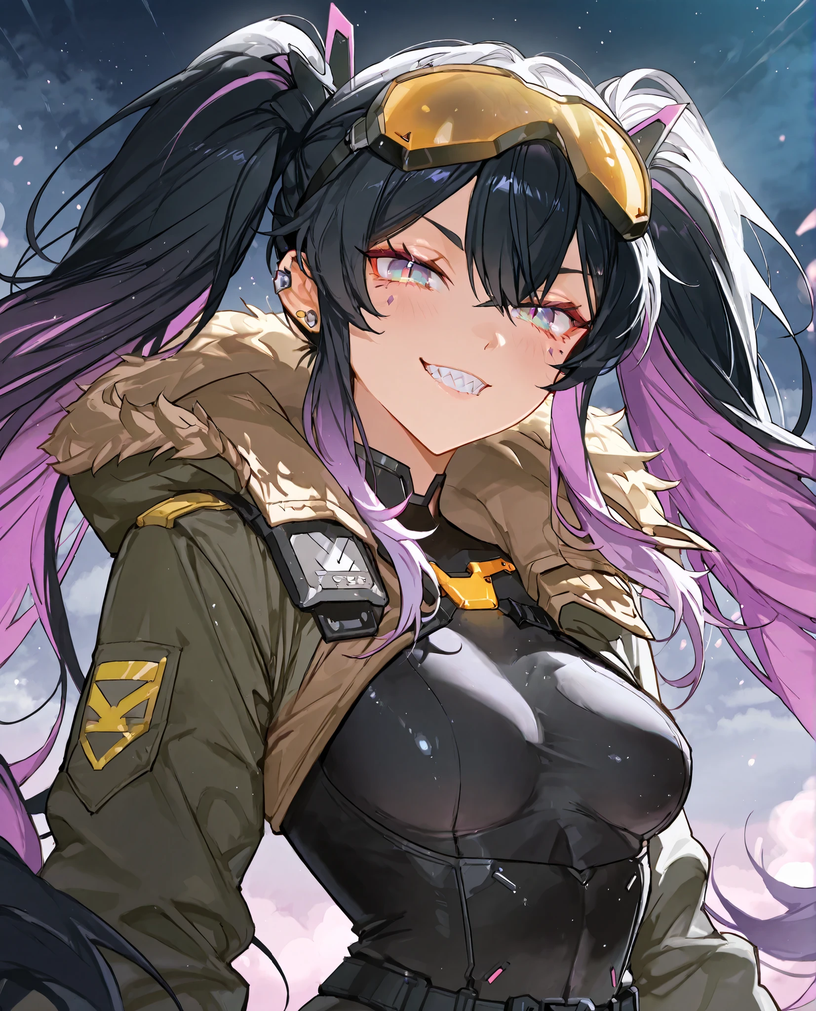 score_9, score_8_Excellent, score_7_Excellent, 1girl, ((((Long hair, multi-colored hair, gradient eyes, sharp teeth: 1.2)、(Black hair)(purple tips)((Twin pigtails))、Evil smile、((Gloomy))、((Lots of piercings))、((Very large breasts))、Small breasts).
Anime illustration Beautiful, soldier Bodysuit Military Cyberpunk Vast snowy field at night Cold protection cloak,
Anatomically correct human body Close-up of a person Half-naked, goggles, goggles on head