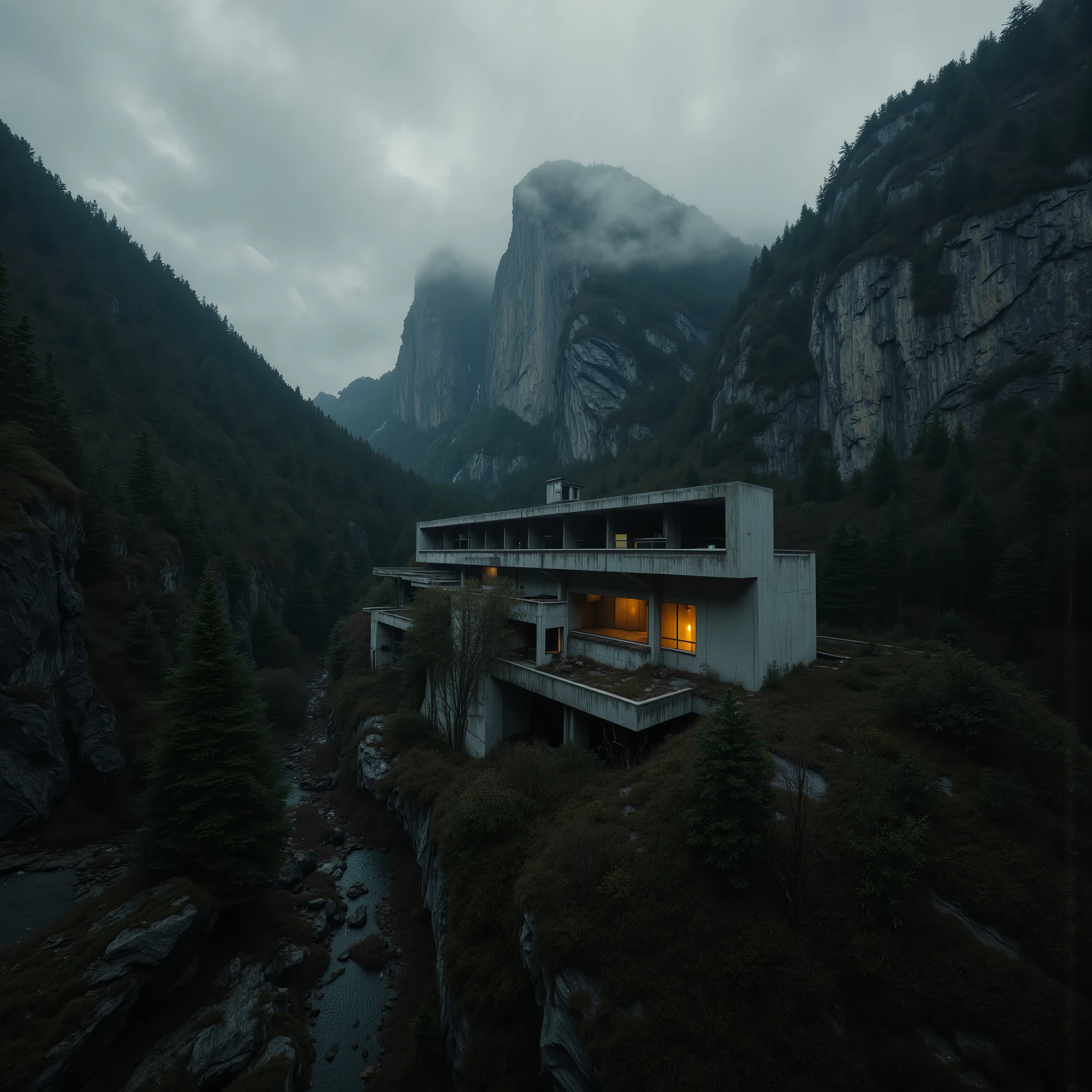 A brutalist remote mountain retreat and spa cabin)), sculpted from raw concrete, featuring stunning cinematic bay windows, infused with Bauhaus minimalism, brutalist severity, and Geigeresque industrial surrealism. This dystopian sanctuary is perched high within megalithic mountain peaks, impossibly constructed into jagged, sky-piercing cliffs—its design a paradox of gravity-defying brutal beauty and foreboding hostility.
Surrounded by dense, lush jungle foliage, it broods beneath a dark, ominous sky, shrouded in light, sinister fog. The cabin's architecture evokes a neo-gothic, avant-garde aesthetic, with surrealist overtones—(dreamlike, nightmarish, oppressive).
The atmosphere bleeds early dusk light under a sinister burnt-orange sunset, casting eerie shadows through the fog, drenching interiors in a grainy amber glow. This hideout echoes with analog horror—a refuge for cybernetic sentinels and post-industrial android survivors, remnants of a forgotten apocalypse.
It is unknown to mortals, its forbidden doors guarded by brutal machine men, its existence whispered only in tales of epic journeys beyond oblivion. Within and around, echoes of cosmic horror, gothic solitude, and existential dread linger, as ancient gothic ruins, cloaked in moss and vines, dissolve into the encroaching wilderness.
The scene is rendered in UHD 4K photorealism, with a retro-futurist analog aesthetic, lit by flickering amber lights, textures aged like burnt film grain. Shot from a high drone angle, this dreamscape is built deep into a massive rock chasm, visually styled for Unreal Engine, Octane Render, and cinematic depth.
Inspired by architectural visions of Wingårdhs, Kieran Timberlake, Rural Studio, Diller Scofidio + Renfro, and Fran Silvestre Arquitectos , Vertigo-inducing views, unsettling vibes, breathtaking—a surreal synthesis of epic sci-fi worlds, industrial dread, and photographic surrealism with a 1990s analog horror vibe.
((surreal science fiction)) :: ((cosmic dread)) :: ((post-apocalyptic brutalism)) :: ((analog horror atmosphere)) :: ((epic solitude)) :: ((gothic industrial storytelling))
