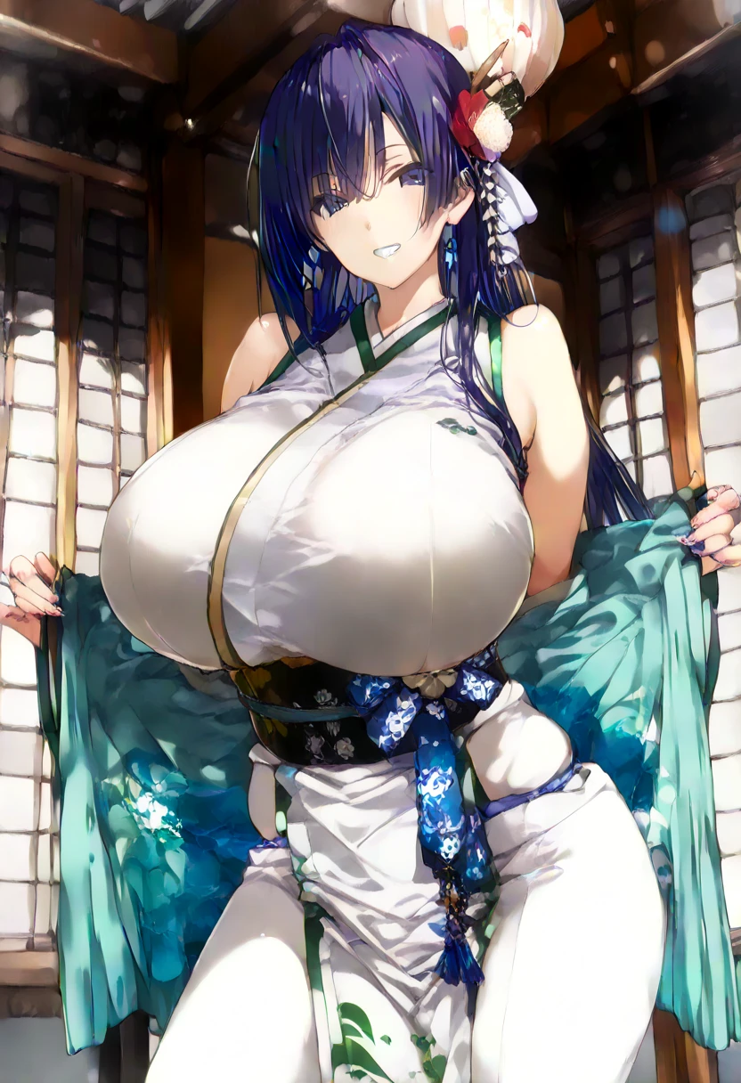 masterpiece, best quality, very aesthetic, absurdres, 8k, tlps,1girl,solo, pointy ears, single braid, aqua hair, seductive smile, bare shoulders, large breasts, cleavage, sideboob, black horns,detached collar, japanese clothes, detached sleeves,fingerless gloves,obi,pelvic curtain,white thighhighs, okobo, standing, torii, cherry blossoms,falling petals, fantasy,in shrine,(gigantic breasts: 1.2)