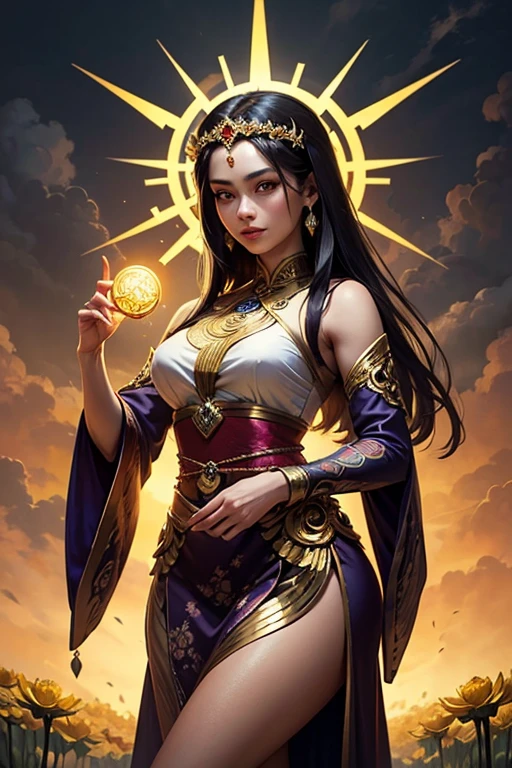 1 Woman, mature, High (1.85 cm), looks about 35 years old, has long black hair, straight and shiny, tied in the Chinese Taoist style, majestic black eyes, Extremely detailed eyes, perfect eyes, đôi mắt cực kỳ thực tế, balanced eyes, Long eyelashes, Anime style, perfect face, milf face, full red lips, mature, smooth white skin, natural body, sexy body, milf body, Perfect hands, detailed hands, arms in proportion to the body, đôi tay thực tế, arm with good anatomy, She was only wearing a Chinese-style yellow dress decorated with gold and silver, with a phoenix pattern embroidered on it, but it couldn't hide her extremely large and enormous breasts., very big breasts, four hands can lift,breasts sag due to their size, thick thighs, wide hips, look at the viewer, The background is a Chinese-style pavilion., pose alone, look at the viewer.