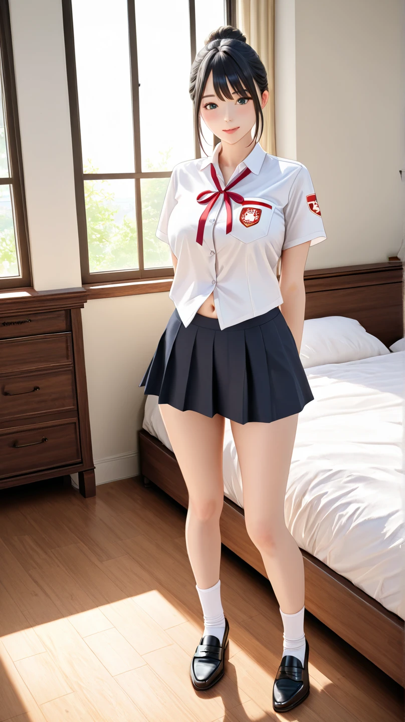 masutepiece, Best Quality, Ultra-detailed, finely detail, hight resolution, 8K, Perfect dynamic composition,japanes、a couple、hi-school girl、inside a classroom、Standing in front of the blackboard、Full body like、((White uniform))、((Red mini skirt))、lowfers、White High Socks、(Stold nipples)、large full breasts、Shy smile、bangss、(Red cheeks)、Beautiful detailed eyes,  Medium short hair, Natural Color Lip,natural soft light