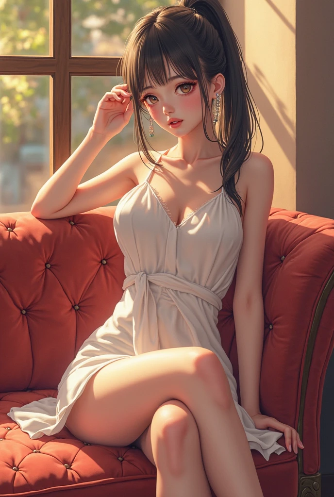 ((masterpiece, highest quality, High resolution)), ((1)), (((((full body shot)))))、(Realistic: 1.4), alone, White Background, snow-White Background, Mouth closed, Smile, Beautiful, silky, straight black hair, short hair, Big eyes, Transparent double eyelids, eyelash, listen, Absolute area, ((Face close-up)), (Draw the whole head, shoulder), 17 years old, Attractive and beautiful proportions, Glowing Skin, Beautiful collarbone, A face of golden proportions, Perfect Face, Teardrop-shaped moles, Mole on chest, bangs, clean bangs, beautiful bangs, Lip gloss, Thin lips, Pale skin, Small face, All heads are drawn, Look slightly up and into the camera、((A relaxed, natural pose)),bullet-shaped big breasts、((Sit on a chair and spread your legs wide))、masturbation, fingering, female_masturbation, grabbing_own_breast