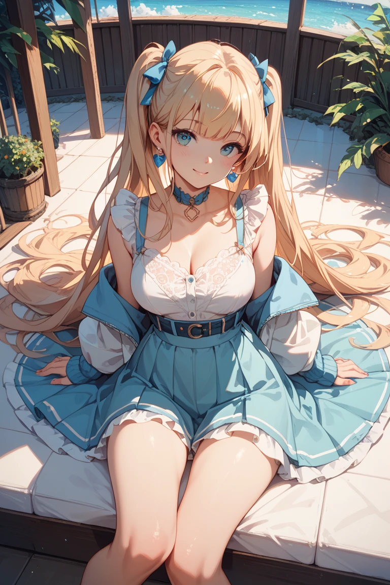 (masterpiece:1.2), (highest quality:1.2),, Curvy but slender body, perfect eyes, perfect face, perfect lighting, 1 girl, long hair, curly hair, fine clothes, detailed outdoor background, compensate, eye shadow, thick eyelashes, fantasy, (maid)、whole body，alice in wonderland、blue sky、Bright and beautiful face、young shiny glossy white shiny skin、the best beauty、the most beautiful bright blonde hair in the world、thin hair、super long straight hair、Shining beautiful bangs、Shining crystal clear big blue eyes、Very beautiful lovely 17 year old most beautiful girl in the world、big and full breasts、a sexually excited look、A sexually seductive look、open your legs、((she shows panties、lift the skirt、I&#39;m seducing you on the city sidewalk))