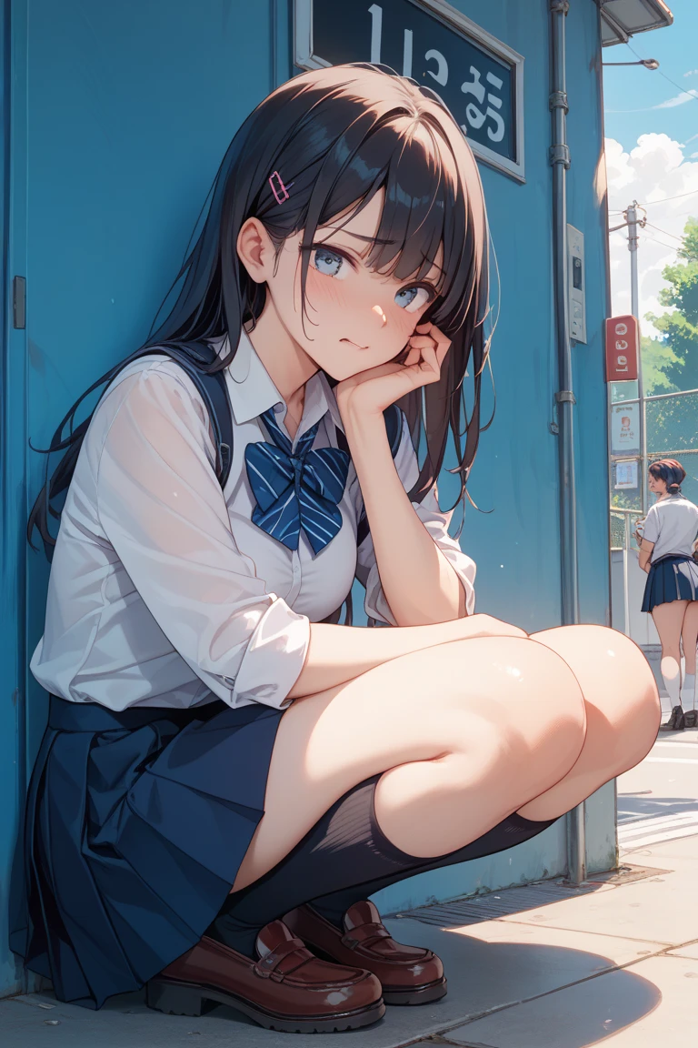 Air conditioning is broken、School、In the classroom、Sitting in a chair、Girl、Girl、Short、Younger、Lower school year、Baby Face、flat chest、Dynamic Angle、masterpiece、best quality、ultra-detail、Summer sunshine、Miniskirt、The desks are lined up、There are several classmates behind me.、Clothing、Aze、surprise、anxiety、Sweat、window