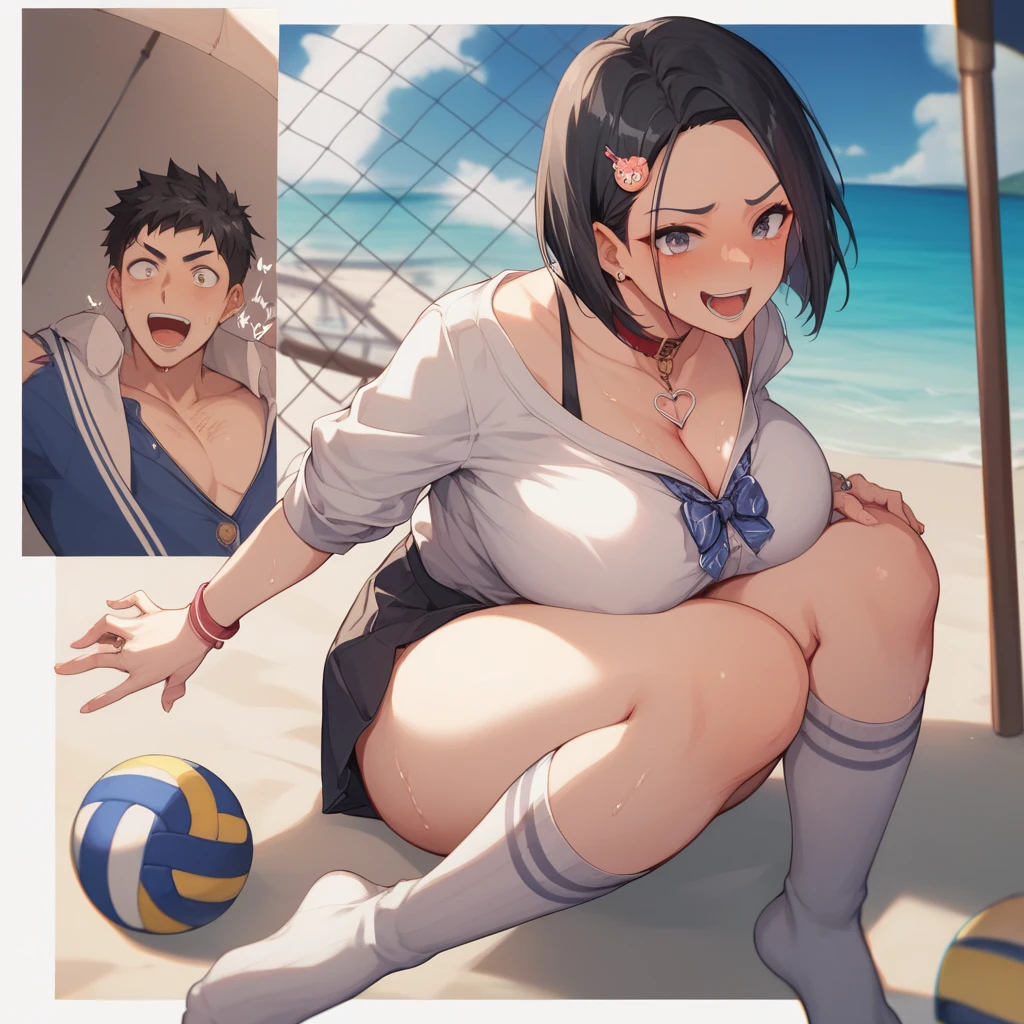 (young girl ,short stature,gyaru)) ,flat chest,black hair,bangs pinned back,nsfw,plump,((leopard print one-piece-swimsuit)),beach,many boys surround,,penis,empty eyes,sitting on the floor,handjob,