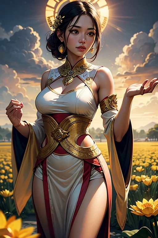 Depicting the Goddess of War，She is a great giant，She is a lovely princess，A powerful warrior too.，Flame，Lightning in the sky，Mountain top foothills mountains in the distance，(Fire Element:1.4)，现实的Flame，Highly realistic，Correct anatomy，Full body image，Convex，Lovely big breasts，Exposing breasts，，Plum，Unsatisfied desire，Exposed genitals， Camel toe，Sexy gestures，， Huge breast cleavage， barefoot，Sexy gestures，（Wear：Gorgeous sexy evening dresses，Composed of fire element，simple ，）1 female，30 years old，Married woman，milf， 独奏，Beautiful delicate eyes，（Tangled，mandala，Tangle，Entanglement），Holy Light，Gold Leaf，Gold Leaf Art，Deep background，marvelous and unbelievable，Epic Works，(Intricate details，Ultra Detail:1.2)，Ultra-realistic photos, scary, Epic reality, fade, ((Neutral colors)),(Pastel colors:1.2), Detailed face, Delicate eyes，Surrealism, + Lenses + Dynamic Combination, Very detailed, Sharpen, Movie, Warm Lights, Lighting Effects, Dramatic lighting, (Intricate details:1.1), Complex background, (Greg Rutkowski:0.8), Giggles，