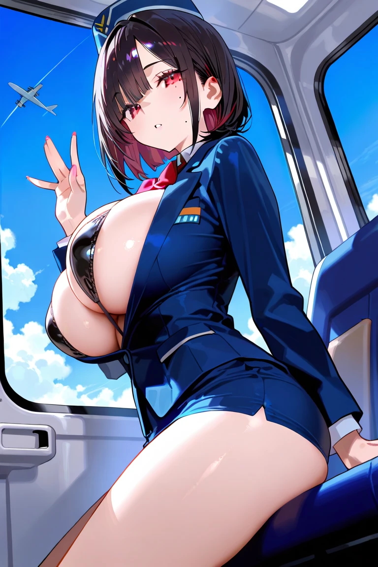 Erotic manga、Highest quality、Smiling lewdly、Busty cabin attendant spreads her legs and makes a sex appeal in the first class cabin of an airplane、Ponytail Hair、Wear an office lady outfit、Perfect proportions、Plump Cheeks、Clear eyes、Huge saggy 、Big areola、Fatty legs、Cowboy Shot、Exposing the inside of the vagina