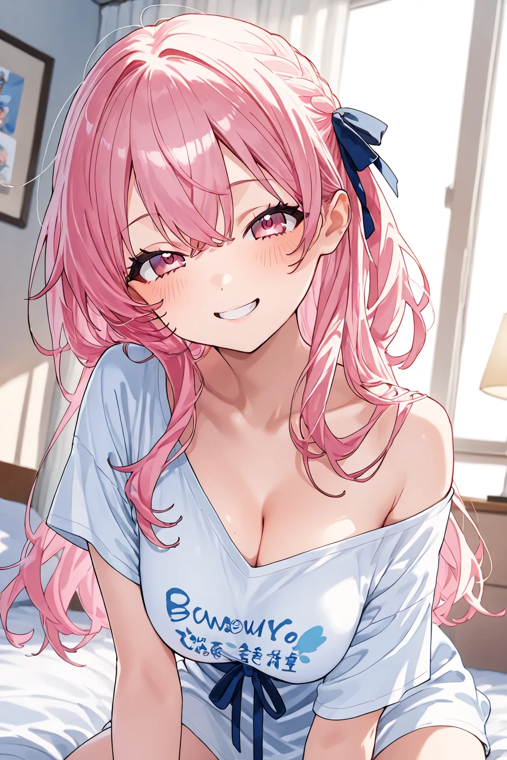 (8K、Top image quality、top-quality、masterpiece)、1 loli、Pink hair、Two-side-up、light blue eyes、evilsmile、Smaller chest、black bra、panties under pantyhose、Sit up、Locker Room Background