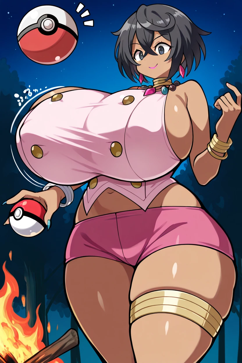 Dragon Ball, Android 18, 1girl, ((bimbo))), short blond hair, blue eyes, puffy lips, painted lips, thick lips, smile face, wide hips, thick thighs, enormous round fake breast, huge round Bella bellz ass, shiny skin, high waist pink bikini, camel toe, stretching out yoga