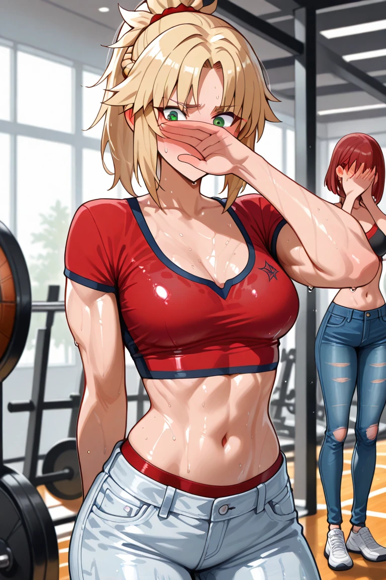 American 40 years old women
Wearing pink bra and tight shorts
Hair colour blonde
Body measurement is breasts 52inches
, Waist 34 inches abs  , 65 inches hips
Eyes colour light green. 
2 womens both in the gym doing pushups and squats 