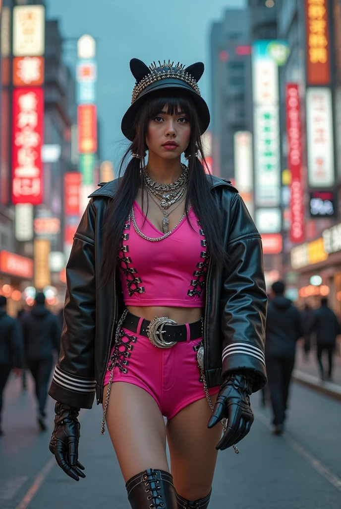 A beautiful hyperreal woman who represents Sailor Moon. Black hair, very big breasts, giant butt, tiny waist. Her face has Japanese anime features. Pigtails: she has long black hair that reaches approximately the middle of his back. Her distinctive hairstyle consists of two high, voluminous pigtails that extend up and out from the top of her head. Bows: At the base of each ponytail, she wears a large red bow that keeps her hair in place. Bangs: She has short, blunt bangs that frame her face and curve to the sides.  She is wearing Harley Quinn's costume. It is a vibrant and eclectic mix that reflects his unique and eccentric personality. She sports a red and black leather biker jacket adorned with patches and extravagant details. Underneath the jacket, he wears a tight-fitting T-shirt with some bold or graphic design, often in bright colors or quirky prints. On the bottom, she wears tight pants or a short skirt, also in striking shades such as red, blue or pink, which complement her bold style. Her legs are adorned with colorful fishnet stockings or tights that add an extra touch of extravagance. For footwear, she opts for tall boots or sneakers with bold, colorful details that complement the rest of her outfit. In addition, accessories such as necklaces, bracelets and large, striking earrings complete her characteristic and rebellious look. The wardrobe is a visual expression of her extravagant and uninhibited personality, combining bright colors, bold clothing and bold accessories to create a unique and distinctive style.