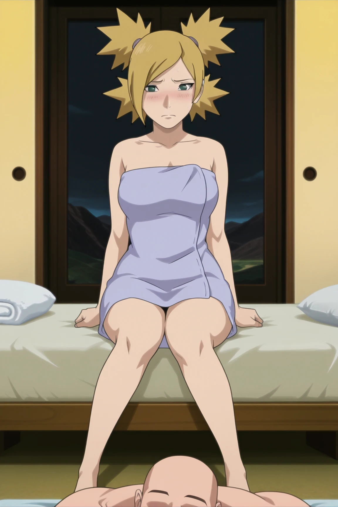 masterpiece, absurdres , (intricate details), (colorful),cinematic lighting,bust shot,extremely detailed CG unity 8k wallpaper,temari\(boruto\), 1girl,solo, medium breasts,looking at viewer, dutch angle, from below, 1girl, solo, naked, nude, big breasts, perfect breasts, large breasts, round breasts, hard nipples, sexy body, slim waist, nice hips, skinny, nice thighs, pussy, pussy exposed, touching body, fucking pussy, dildo in pussy, legs spread, sitting back, on bed, big bed, white sheets, full frame, head in frame
