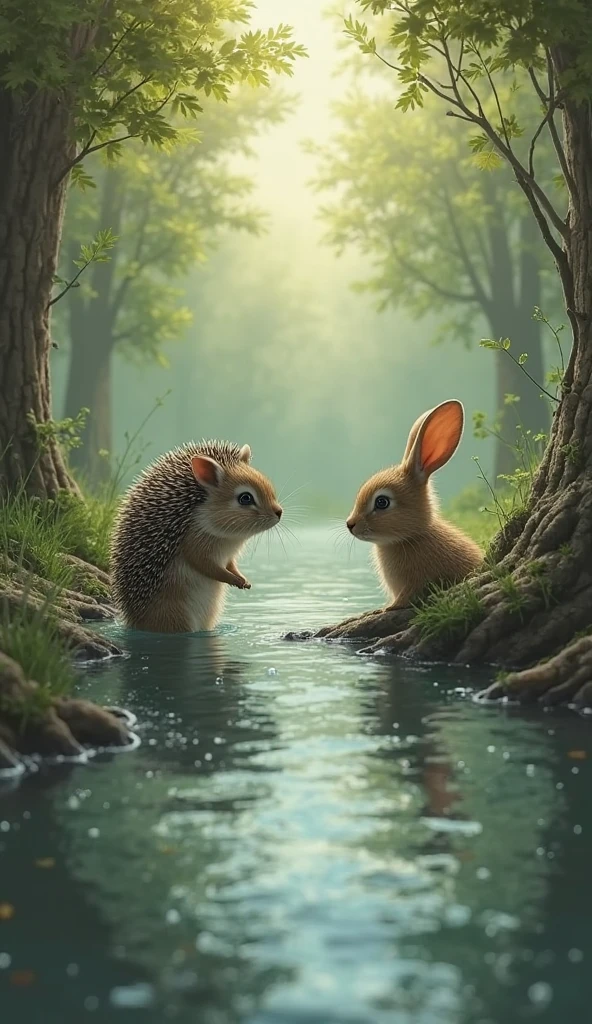 The rabbit jumps into the river to rescue the hedgehog from drowning ...
