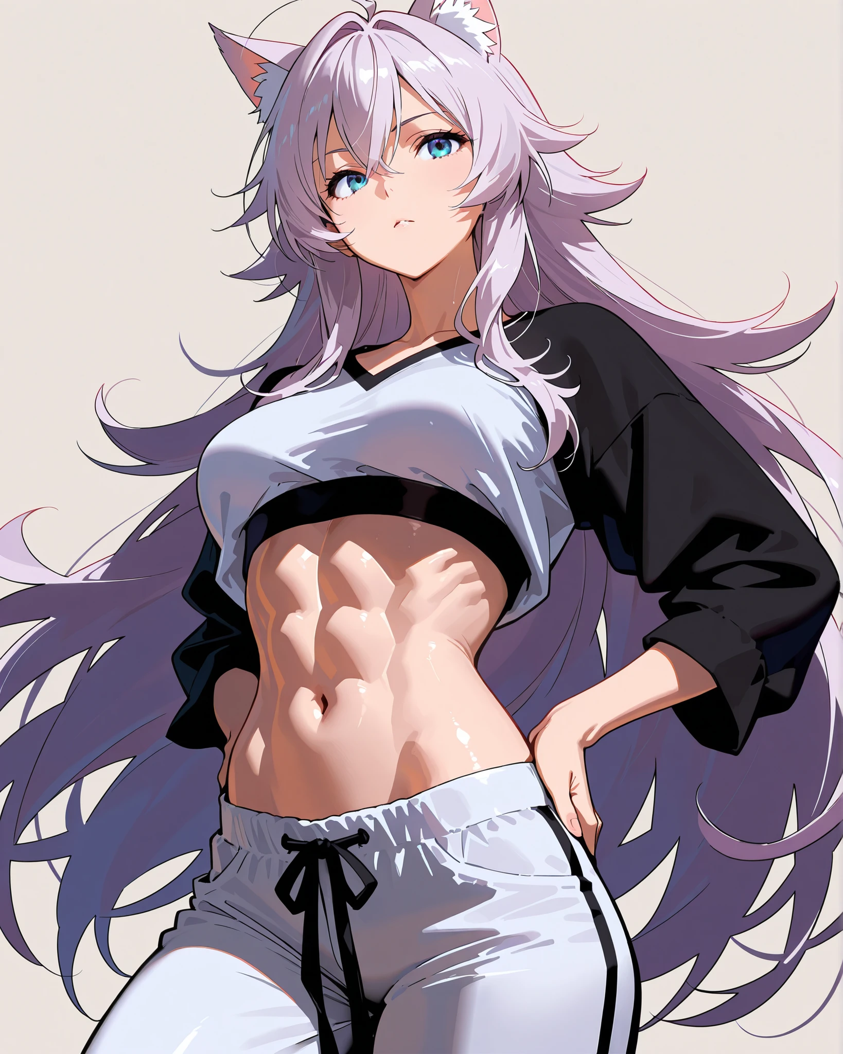 masterpiece,top quality,Super Detailed、High Definition、8K Quality、Simple Background、Adult, toned body、Fantasy world clothes,、long pants、Fight motion、shirt、Animal ears