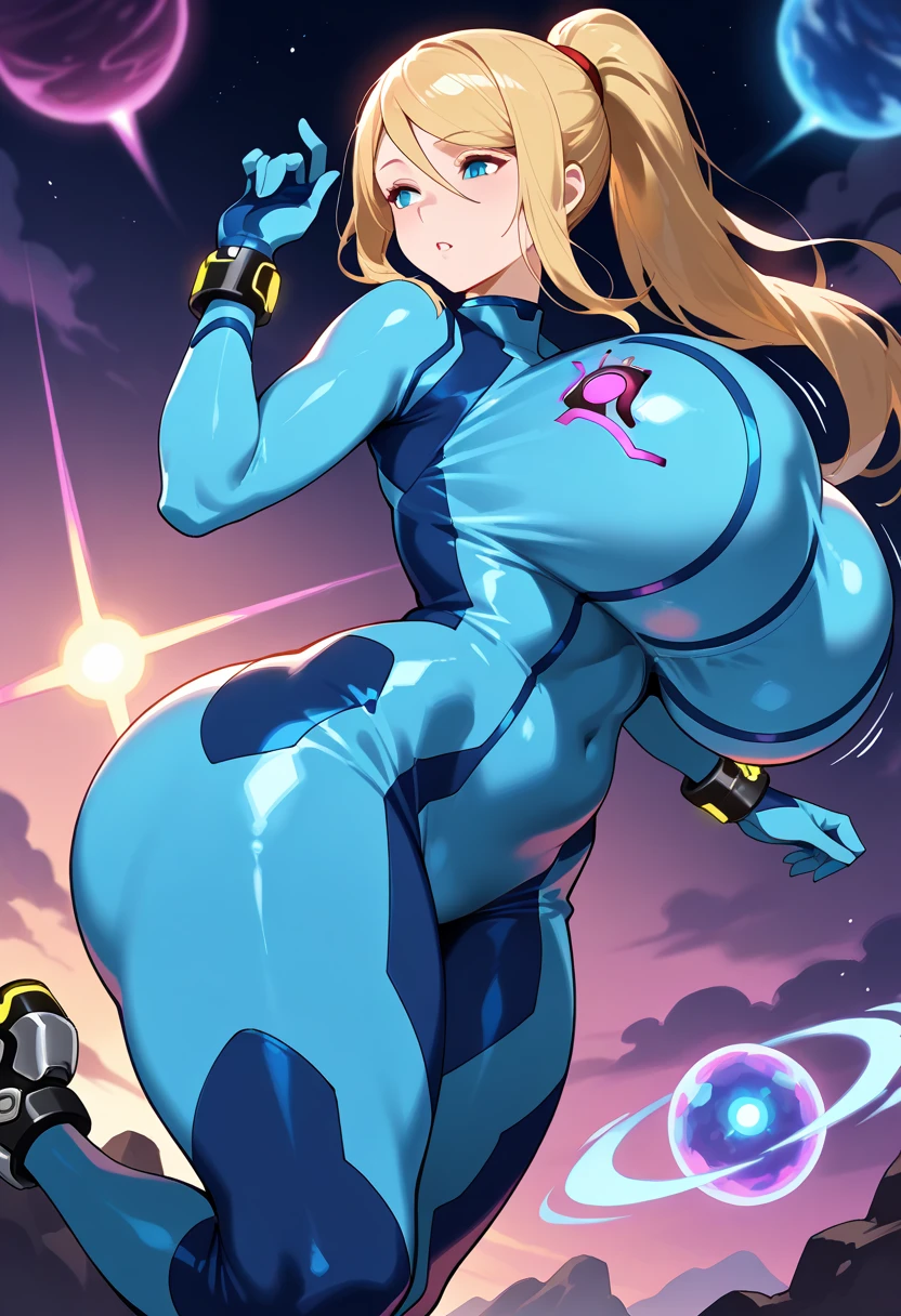 masterpiece, best quality, samus aran, ponytail, hair tie, blue bodysuit, upper body, bubble butt, big ass, juicy ass, thick thighs, skinny waist, looking at viewer, furrowed brow, arms at sides, from behind, looking at viewer, space station, space