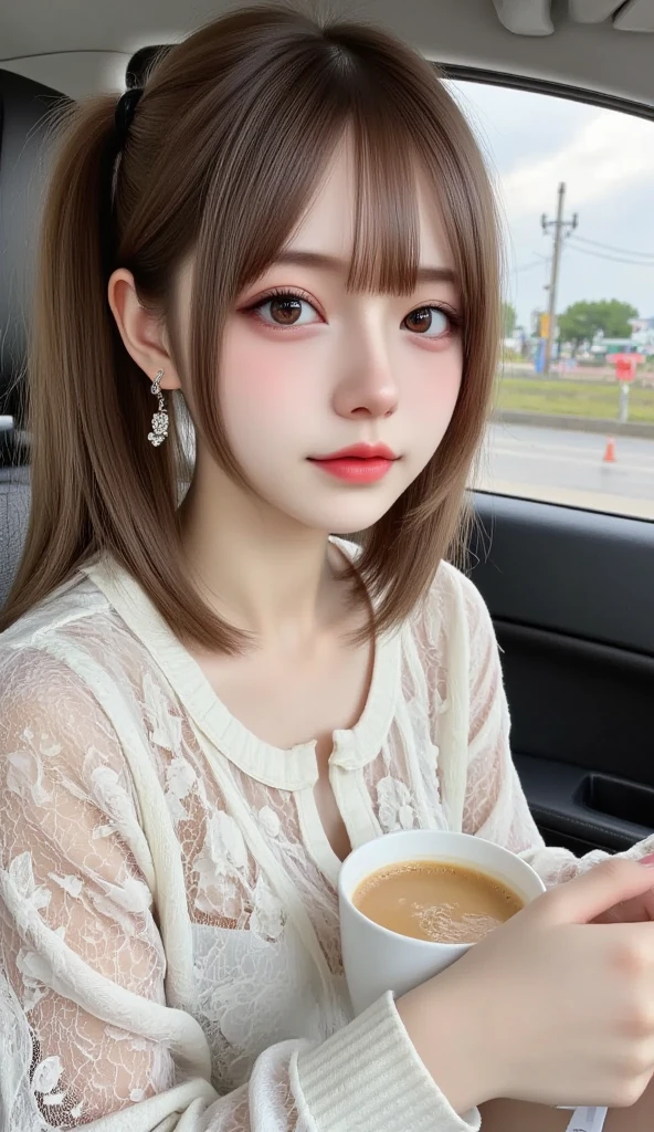 Selfie⦅bionde⦆(cute smile 1.6)looking at the camera、4K,Highest quality、Masterpiece、Close-up shot、cute、With bangs、Loose and fluffy hair、Highly detailed face and skin texture、Off-the-shoulder cropped T-shirt、mini skirt、Cafe Terrace、Drink Starbucks coffee