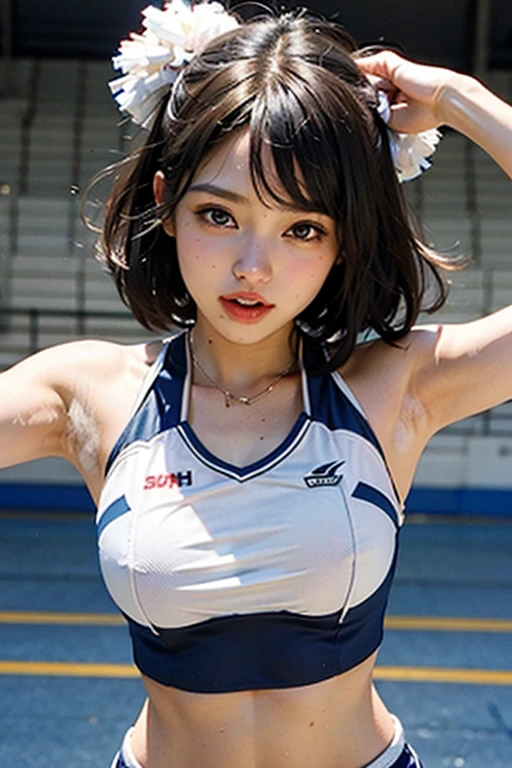 4k quality, masterpiece, detailed face, beautiful eyes , asuka tanaka, cheerleader uniform, smile, dark hair, blue eyes, medium breasts,glasses, sweaty armpits, armpits visible, detailed armpits