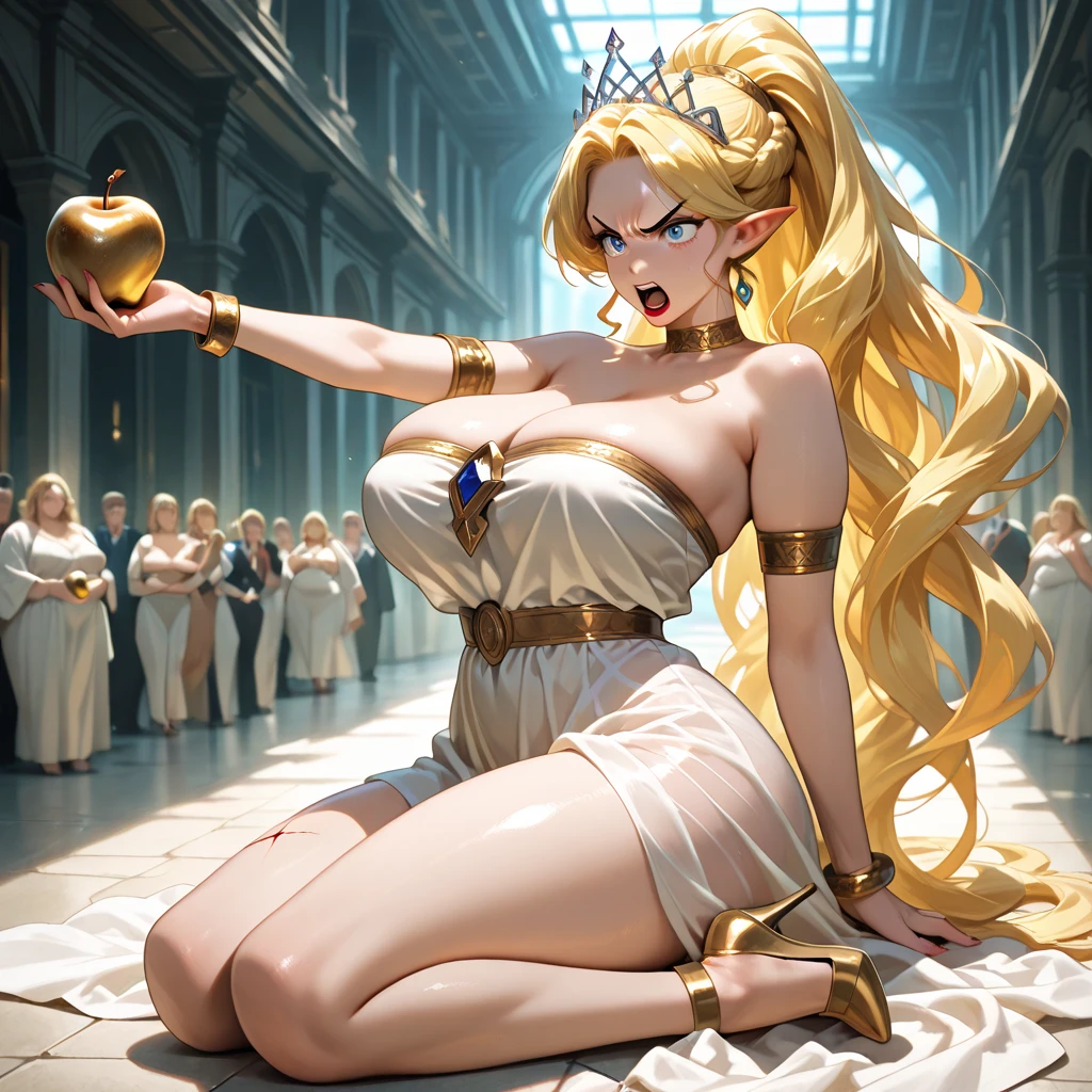 (anime style, high detail, giant statue of Helen of Troy, renowned for her beauty, depicted in detailed, flowing attire, holding a golden apple, ancient cityscape background)