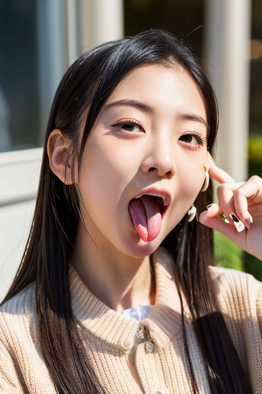 (8K, RAW photo, highest quality, masterpiece: 1.2), Super detailed, super resolution, portrait, High-definition RAW color photo, professional photos, 非常に詳細で美New, very detailed, 8K wallpapers, amazing details, huge file size, official art, very detailed CG Unity 8K wallpapers, very detailed beautiful girls, very detailed facesHighly detailed eyes, very fine skin, very fine fingers, very small nose, very detailed detailed mouth, perfect anatomy, detailed background, fine clothes, one girl, 20th generation, cute girl, authentic body, white skin, glowing skin, handsome body, black hair, cute, like々New, cute face, genuine istic face, delicate eyes, Eyes of Thale The gaze of the old Horiwa camera, ((facing the front:1.331)). put your hands behind your head, hair pulling pose, very detailed white skin), excited face, ((japanese school uniform)),Open your mouth wide and stick your tongue out、See here:1.3.smile、put a pillow under your head