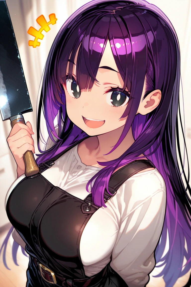 masterpiece, best quality, thigh gap, thick thighs, smile, holding kitchen knife, holding cucumber, big breasts, <lora:ddlc:1> school uniform, blazer, brown sweater, collared shirt, neck ribbon, blue skirt, yuri, purple eyes, purple hair, hair between eyes, hairclip