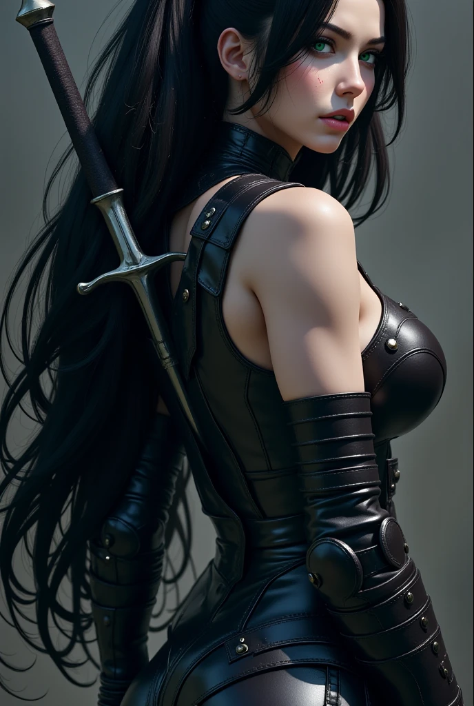 A woman with a Sword, in the style of one piece anime series with black long hair black eyes dark blue clothes