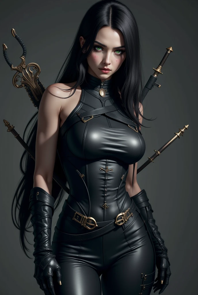 Woman in a black leather outfit with a sword standing in front of a circular design, 1 girl, alone, slim thighs, black hair, small breasts, jewelry, long straight hair, garters, leotard, detached sleeves, holding