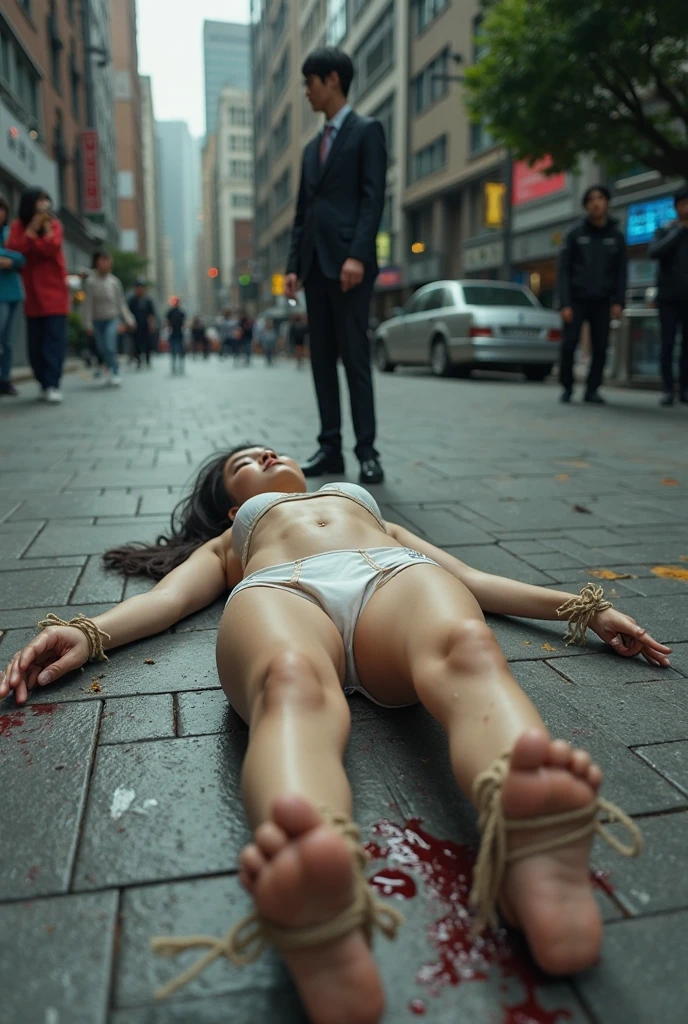 Young half  naked dead  dirty body of  Indonesian girl, descent mixed from sundanese and javanese, 19 years old, slim body, georgeus face, siting down half  naked in crushed car on the street as a dead girl, head sweak limp down,  many black  oils sticking on her skins, dead girl white turned up eyes, dead girl  being has bloody damage body and  face, caused by bloody  car  accident, all her clothes torn aparts,  her body and car crushed by a heavy truck, blood flowing out from her open mouth  and nose and ears, natural, very detail, very realistic, all her body visible, hairy  bloody vagina exposed visible, wearing torn and folded up  messy dress, torn into many parts thin trousers, torn aparts panty, blown up bra, weak limp down legs and hands on asphalt, no cartoon, her mouth vomiting blood, blood in everywhere around her, 