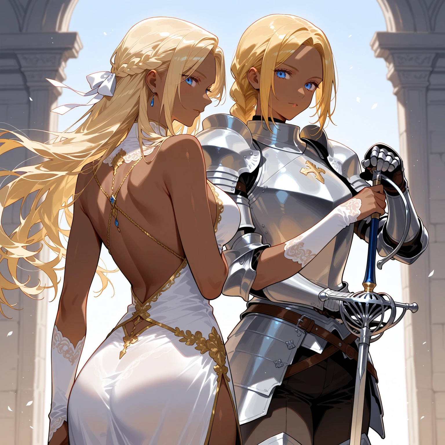 masterpiece, best quality, High Detail，8k，high resolution，Claymore，Theresa，
Yellow short coat, 1girl，solo，Cowboy lens，Official reserve clothing， exquisite，white hair，blonde hair, Multicolored hair，long hair，Extra long hair，Striped hair， wavy hair，gray eyes,Armor, cloak, shoulder armor, weapon, Big Sword，tight fitting suit, looking at the scenery, expressionless, contemptuous expression，lip，pearls and jewels，ear pendants，put on makeup，clavicle，White Armor, white cloak, Silver Metal Shoulder Armor, chest，mesothorax，weapon, tight fitting suit, contemptuous expression,glove，Elbow gloves，Single exposed finger gloves，pants，white trousers，Tight trousers，White leather pants,sexy, light stage,Metal Silver Boots, Realistic writing, Metallic feeling, Beautiful buttocks, beauty, resplendent, mating, exquisite，kneeling position，looking at the scenery, expressionless,
