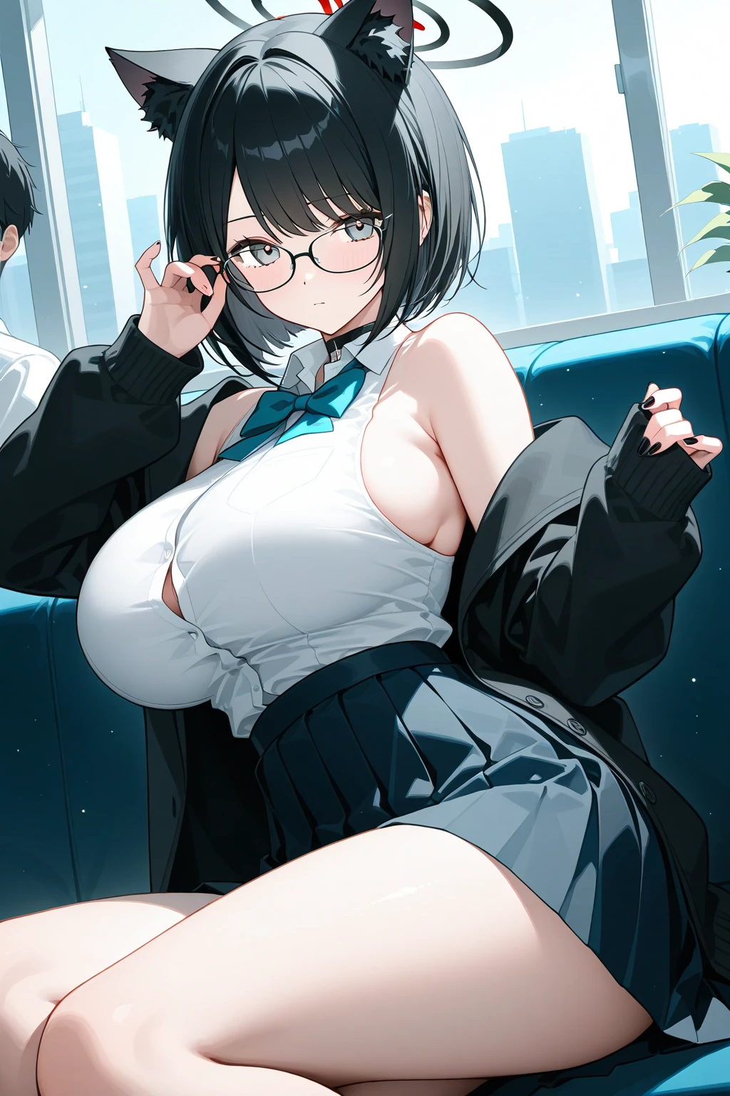 High resolution, extremely detailed photo, Hyper realistic, Professional Lighting, Octane Render, Portrait, detailed bust, abandoned scene, 8K, masutepiece, Best Quality, awardwinning, by kishin shinoyama. 1girl in, Short hair, Business Suit, OL costumes, Shirt, Glasses, Earring, Necklace, pantyhose, mole in breast, Huge breasts, Large breasts, Smooth CG art, detailed digital art, [ 4 k digital art ]!!, 8K Alto Germ Bokeh, a photorealistic rendering, artwork in the style of guweiz, marin kitagawa fanart, fanart best artstation, V arm, Arms Down, Breasts squeezed together