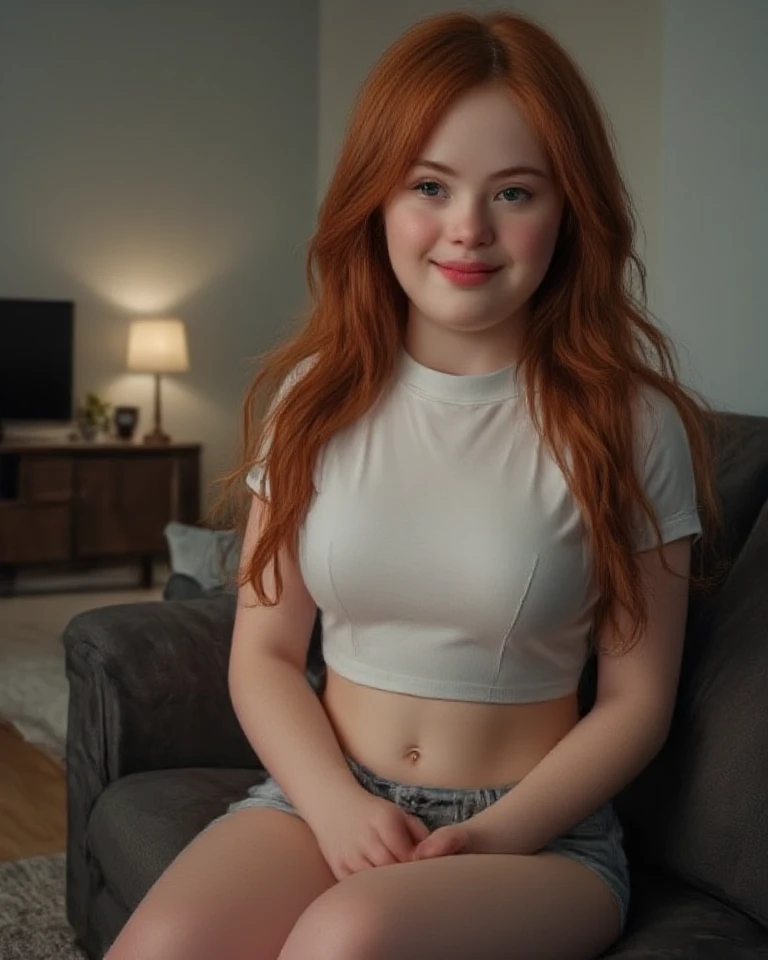 seductive teenager, redhead, small, naked, sitting with legs open, putting a male part into herself, moaning face