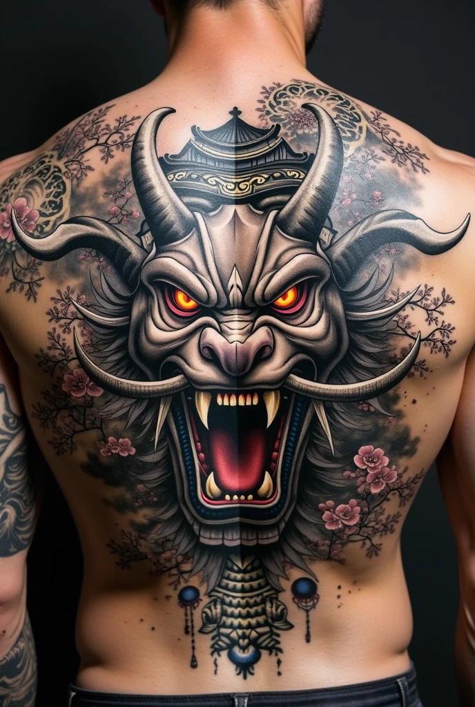 Back Tattoo ,devil's crown, /Back tattoo, (super macro), angry expression, Serge Rutens style, Cecil Beaton style