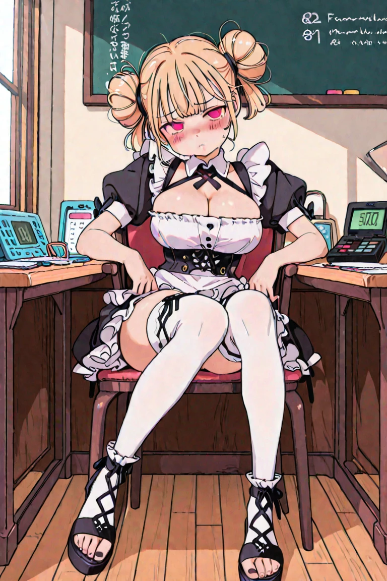 4k, high quality, obese shinobuYoung, masterpiece, Best quality, absurdity, obese 1girl, big cheeks, Blonde hair, Yellow golden eyes, One, Sort, night, big breasts, Desktop, obese , round table, sitting, Spread her legs, looking, bare shoulders, white transparent short dress, sliding belt, clavicle, (view from above:1.1), (inexpressive:1.1), slim, browse, (Checkered floor:1.5), (knee up:1.3)